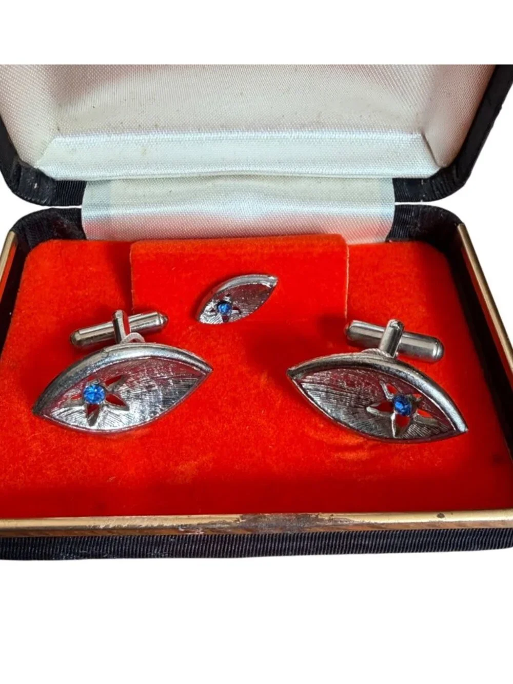 Vintage Mr Executive Silver Tone Cufflink Tie Tack Set Blue Rhinestones In Box